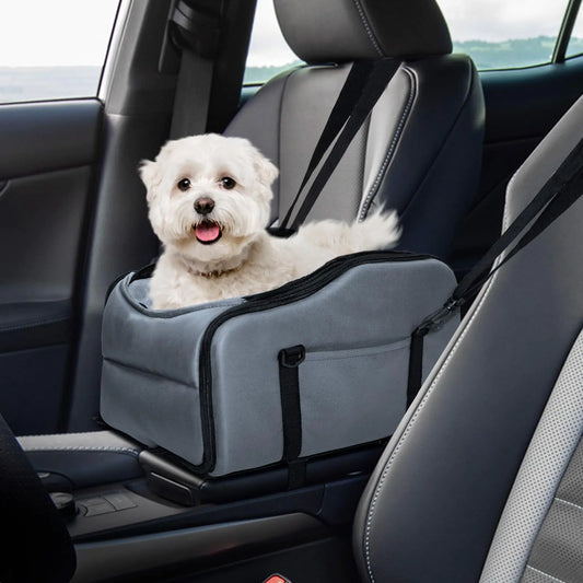 Small Dog Car Seat – Center Console Carrier w/ Seat Belt & Storage