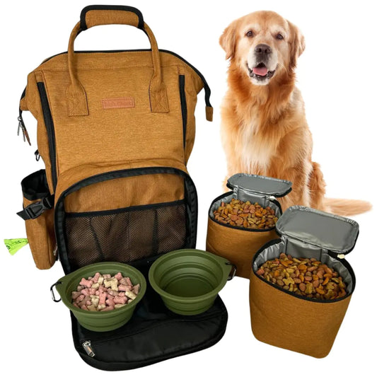 Titos Closet Dog Travel Bag - Pet Travel Bag with 2 Bowls, 2 Food Containers & Treat Bag (Brown)