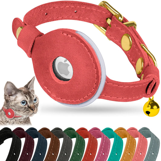 Reflective AirTag Cat Collar w/ Bell – Pink Leather, GPS Holder, Adjustable